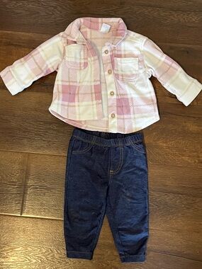 Carter's Pink and White Plaid Fleece Shacket with Navy Jeggings Set